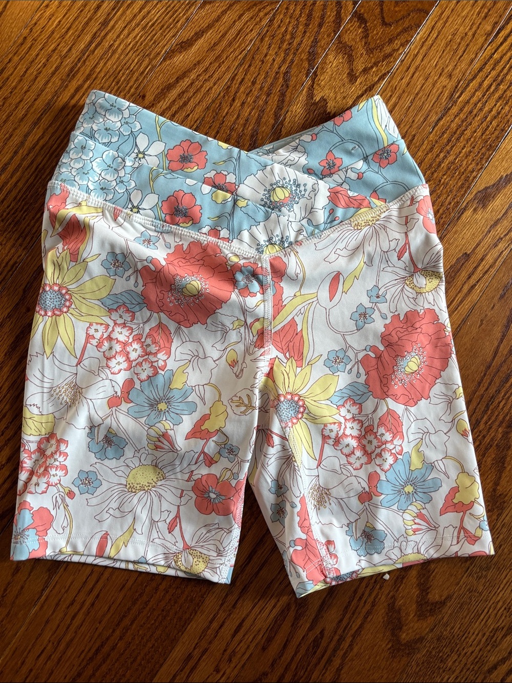 Forever 21 Floral High-Rise Bike Shorts — Coral, Light Blue & Yellow
